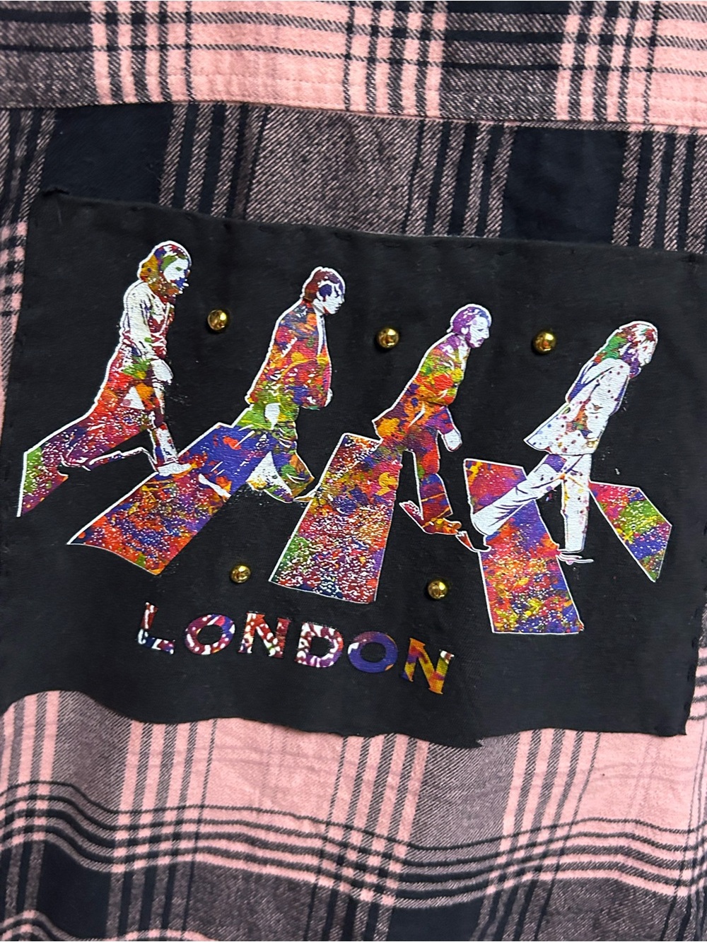 Beatles Pink and Black Plaid Long Sleeve Top with Abbey Road Patch - Picture 2 of 4